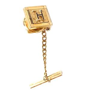 Vintage Swank Initial “H” Tie Tack  Gold Tone Chain  Mid-Century Men’s Accessory